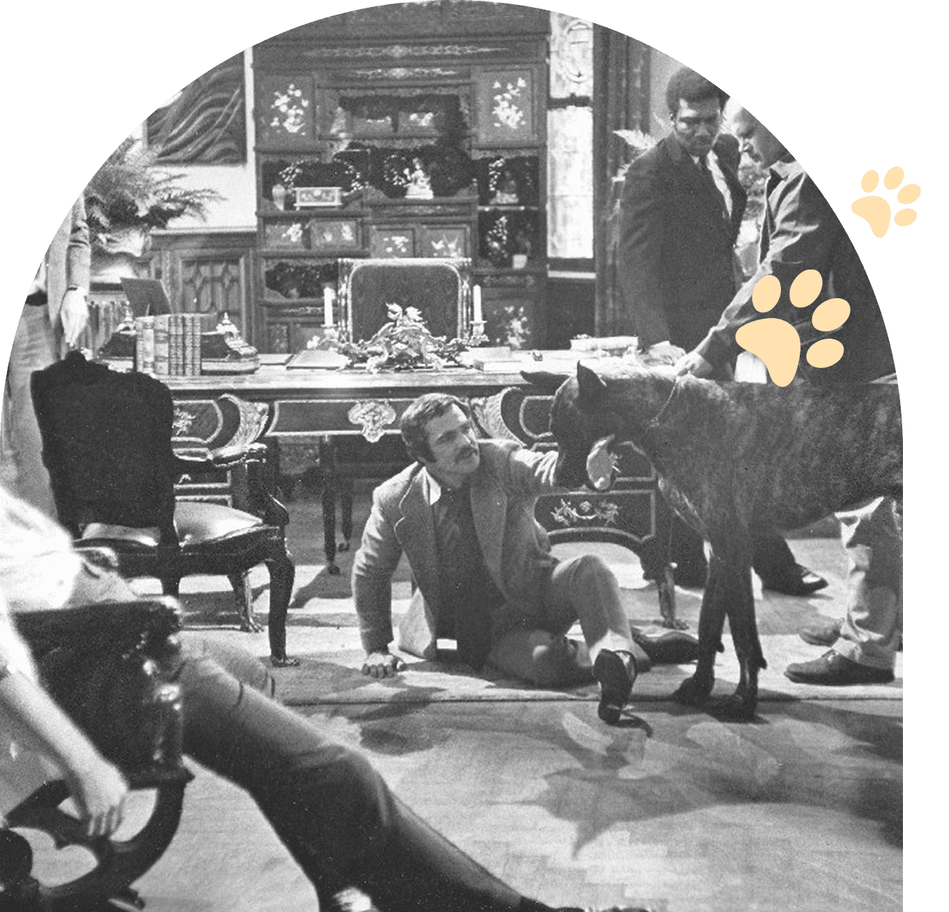 Group 178 Behind-the-scenes of a vintage film shoot with crew and actors.